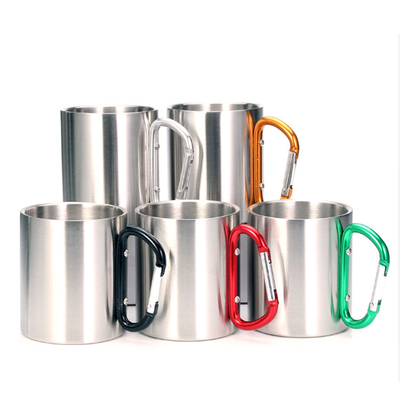 280ml Silver Double Wall Stainless Steel Coffee Cup Insulated Cup Metal Cup With Lid And Carabiner